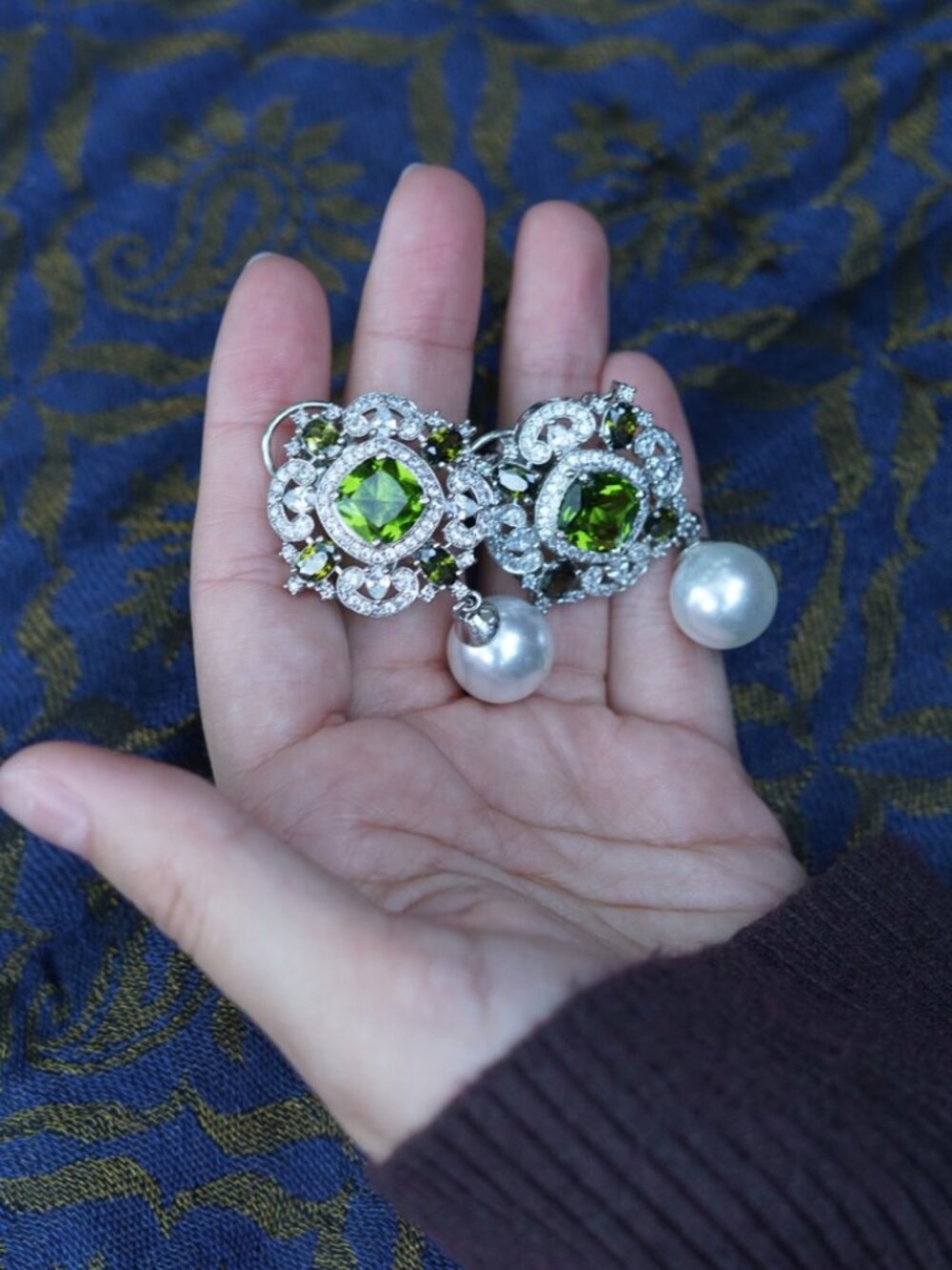 Green CZ Faux Pearl Earring